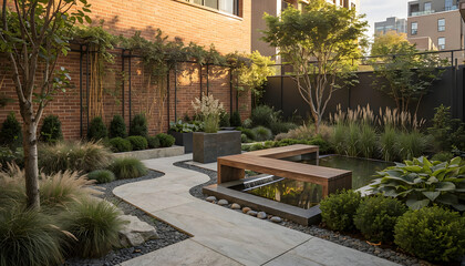 Fototapeta premium Luxury outdoor garden design features layered plants and natural textures in a peaceful urban environment.