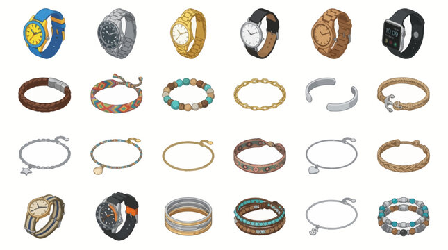 Vector Icons Collection of hand drawn wristwatches and fashion bracelets illustration set. EPS Editable