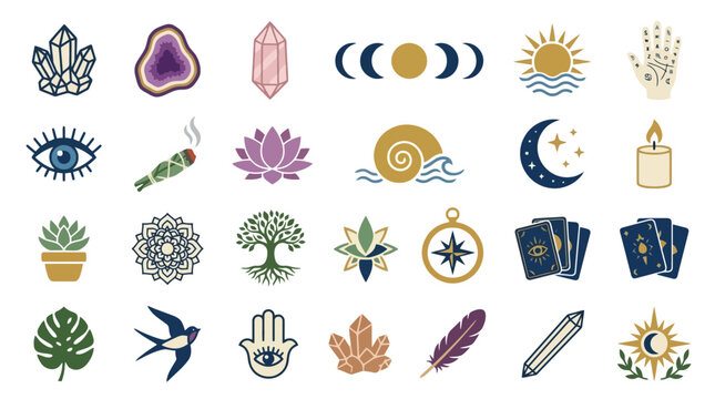 Vector Icons Collection of mystical and esoteric spiritual icons including crystals moon phases tarot cards and hamsa hand. EPS Editable