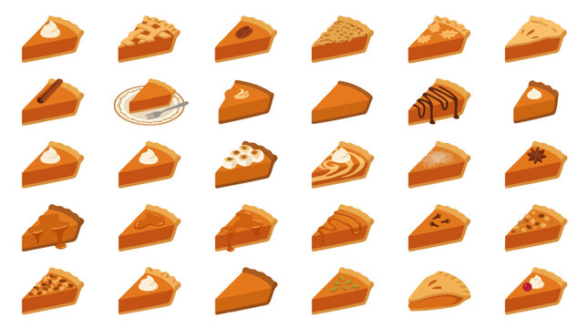Vector Icons Collection of pumpkin pie slices with different toppings illustration. EPS Editable
