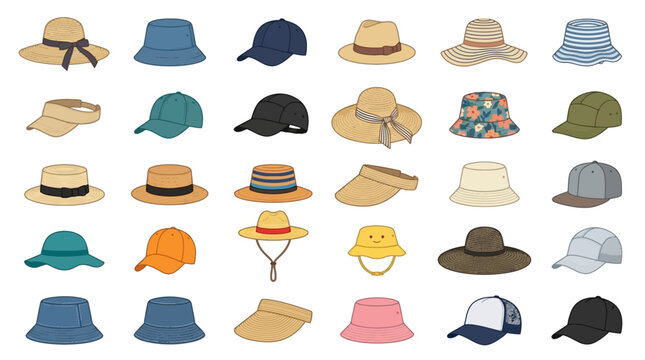 Vector Icons Collection of various summer hats and caps vector illustration set. EPS Editable