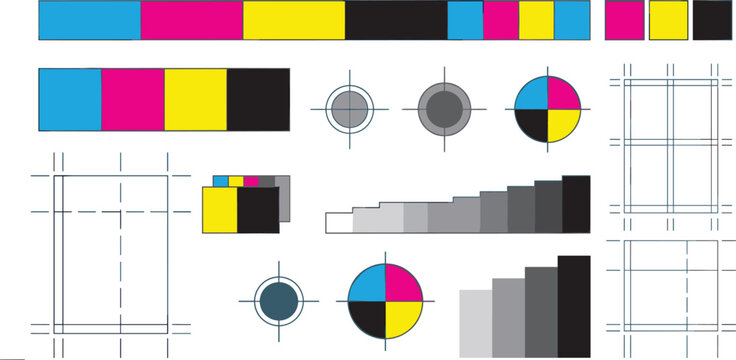 CMYK Color Calibration Bars and Registration Marks Vector Set with Crop Lines and Grayscale Steps for Digital Printing Proof Alignment Designs