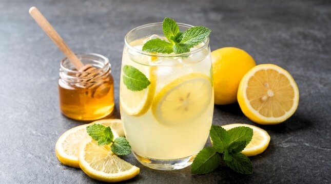 Refreshing glass of cold homemade lemonade with bright yellow lemon slices, fresh green mint leaves, and sweet golden honey syrup