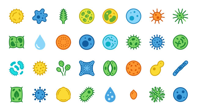 Vector Icons Colorful vector icons of bacteria viruses and microscopic cells set. EPS Editable