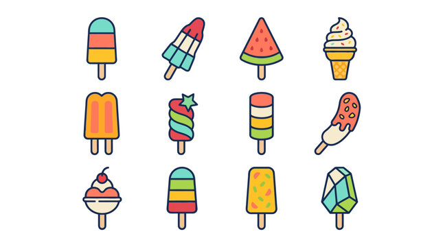 Vector Icons Colorful vector illustration set of various ice cream and popsicle icons isolated on white background. EPS Editable
