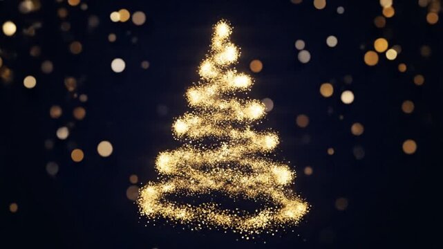 Glittering gold particle Christmas tree with star on dark bokeh background as a perfect celebratory backdrop