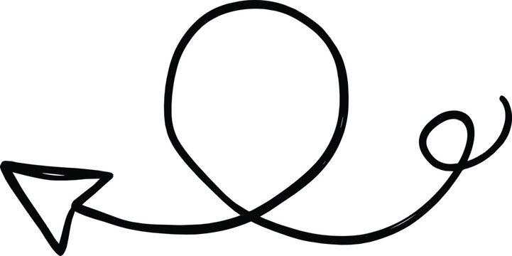 Hand drawn black scribble loop arrow vector with dynamic spiral swirl path pointing left isolated on white background