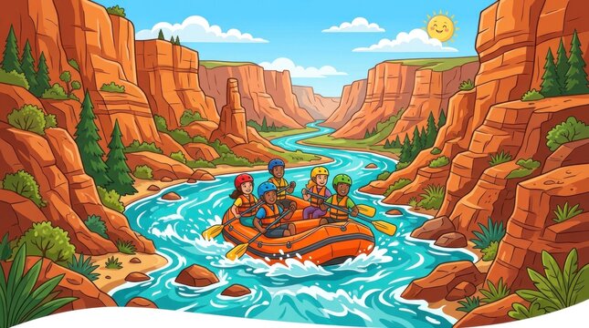 Group white water rafting through steep desert canyon
