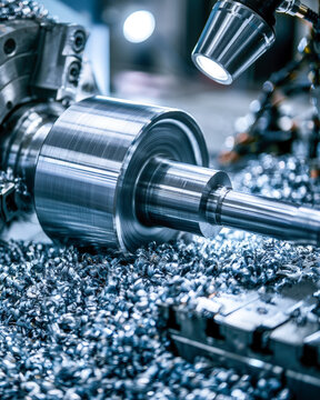 CNC Metal Machining Close Up With Spindle, Steel Shavings and Precision Tooling