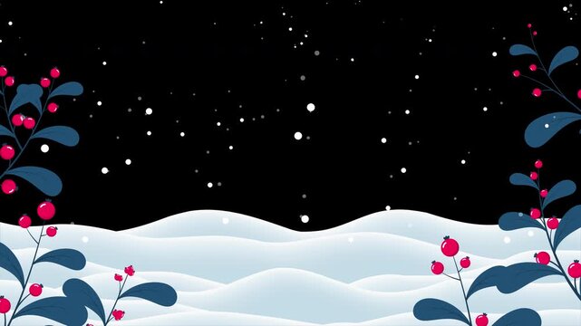 Winter background with branches and berries animation. Falling snow with snowflakes. Winter snowy background for banner, poster, wallpaper, greeting card, advertising