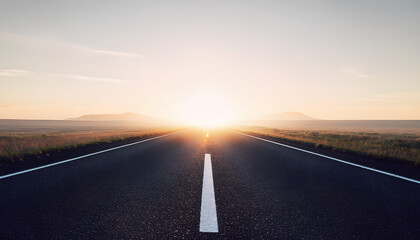 Fototapeta premium A serene landscape of an empty road stretching towards the horizon at sunrise.