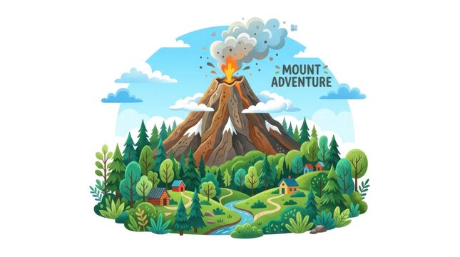 Mount Adventure smoking volcano with valley stream.