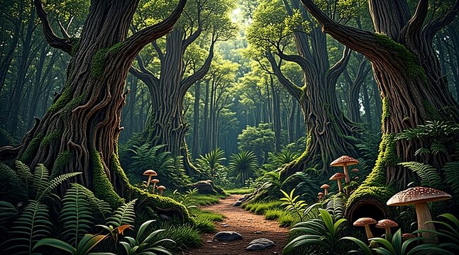 Enchanted forest path winding through giant ancient trees