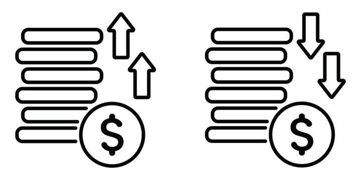 USD cost increase and decrease vector icon set. Currency price increase and decrease sign, symbol. Growth and Decrease icon set. Vector illustration.