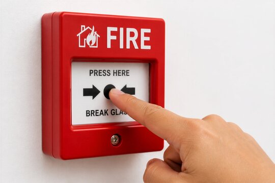 Hand pressing fire alarm button on wall emergency panel