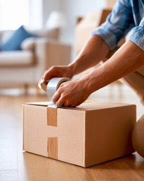 Hands Sealing Cardboard Box With Tape During Home Packing