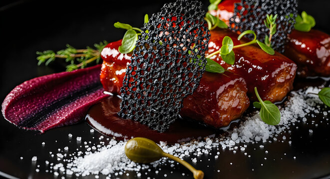 Gourmet pork belly glazed with rich dark sauce served with a crispy black lace tuile garnish and fresh microgreens on a modern plate for a high end restaurant culinary presentation