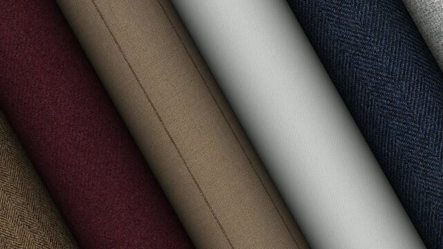 Refined textile artistry expressed through rotating premium Italian fabric rolls featuring rich texture quality materials and timeless elegance