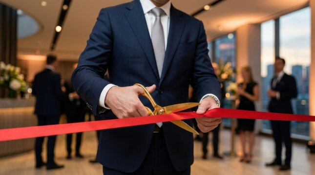 Executive cutting red ribbon with gold scissors at opening ceremony