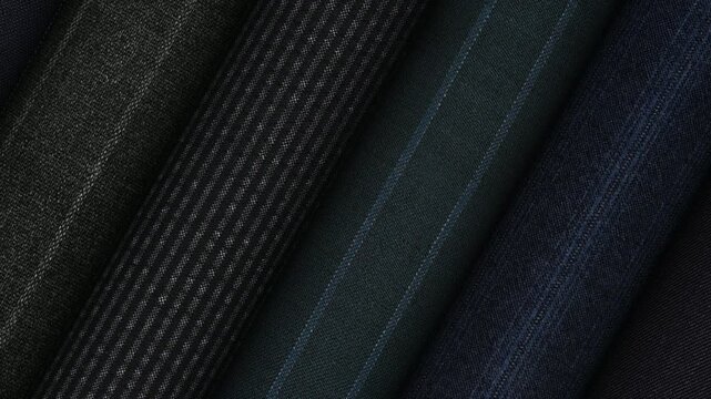Sophisticated luxury fabrics from Italy presented as rotating rolls revealing exceptional weave detail and premium textile character