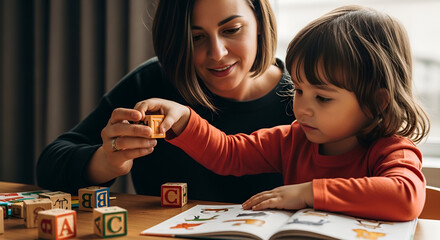 Fototapeta premium Mother and cute little daughter sitting at wooden table playing with colorful alphabet blocks and reading book