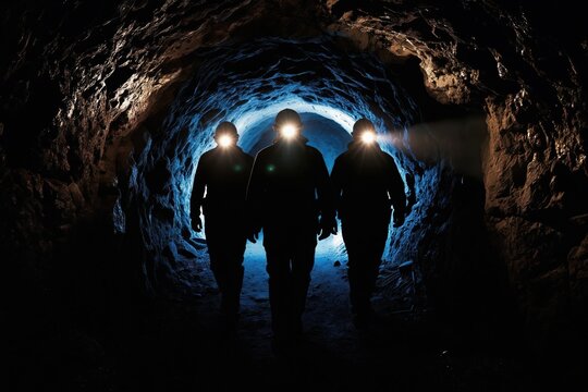 Three miners with headlamps walk into dark mine tunnel. Silhouettes move forward through underground passage. Team explores deep cave in search for minerals. Safety gear protects workers in hazardous