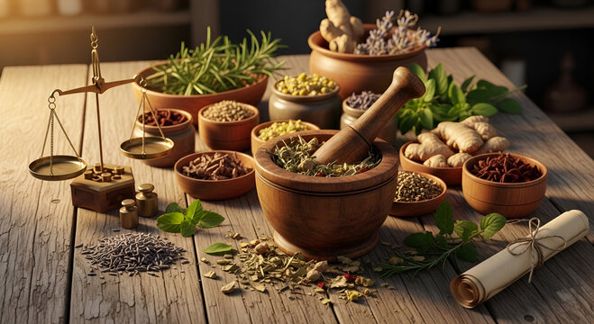 Traditional natural herbal medicine with dried herbs in a mortar and pestle lit by a candle on wooden table