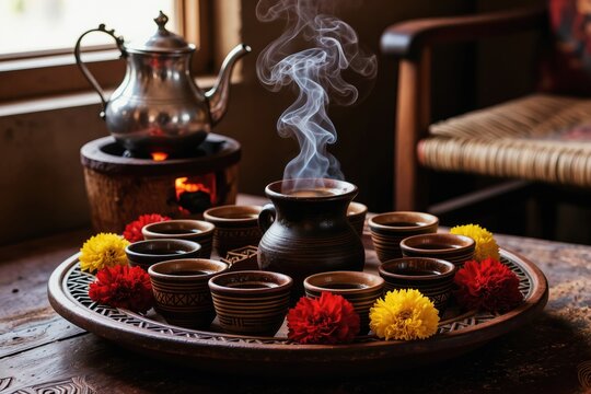 Ethiopian coffee ceremony with traditional jebena pot and cups. Smoke rises from incense, warming by charcoal fire. Aroma fills air. Vibrant flowers adorn tray. Authentic African ritual.