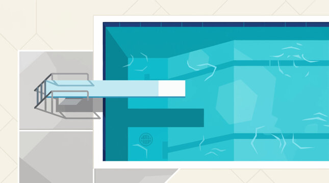 Top View Minimalist Vector Illustration of Swimming Pool Diving Board Over Blue Water