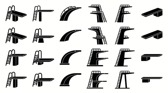 Swimming Pool Diving Board Silhouette Set for Sport and Summer Recreation Design