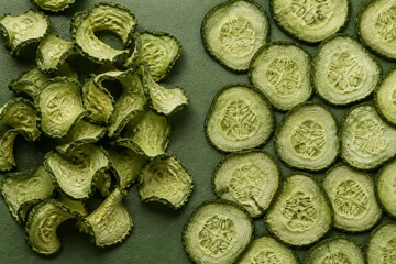 Obraz premium Cucumber slices arranged in pattern on green background