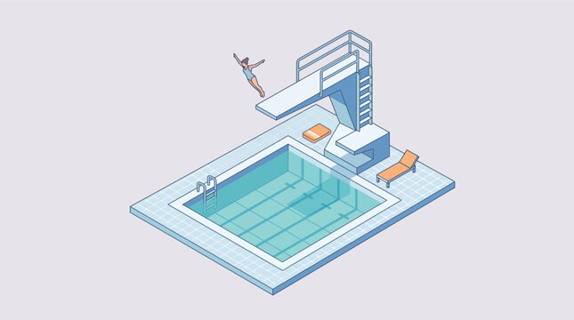 Isometric Swimming Pool with Diver Jumping from High Platform Vector Illustration