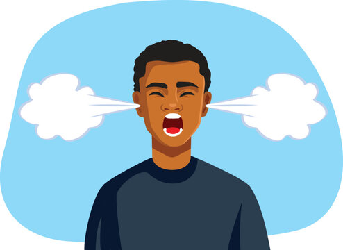 Angry Furious Man Vector Illustration Screaming With Steam Coming From Ears     
 Enraged guy shouting in rage with smoke blowing out ears