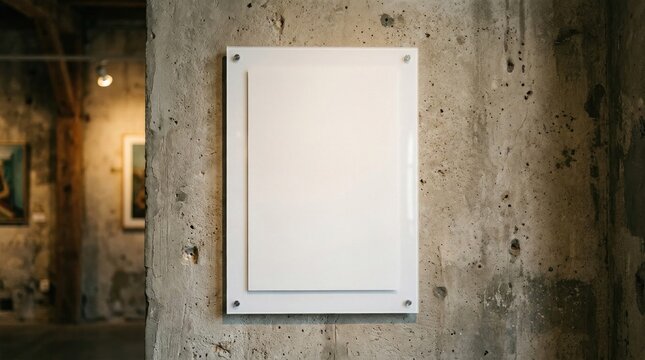 Blank acrylic poster frame on textured concrete wall background.