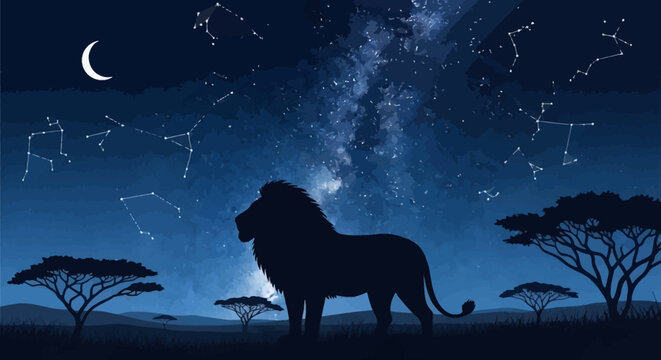 Flat vector silhouette illustration of a majestic lion in the savanna under a magical starry night sky with constellations and a crescent moon.