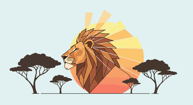 Creative geometric flat vector illustration of a majestic lion head with a bright sunburst and acacia trees in the African savanna.