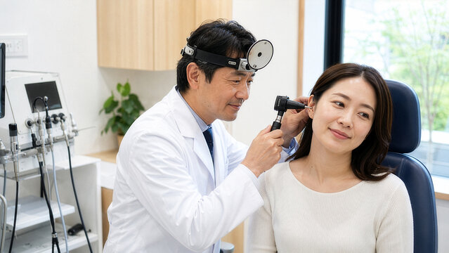 Japanese ENT otolaryngologist examining a woman patient's ear with an otoscope during a consultation in a bright modern clinic, early summer ear nose and throat healthcare scene