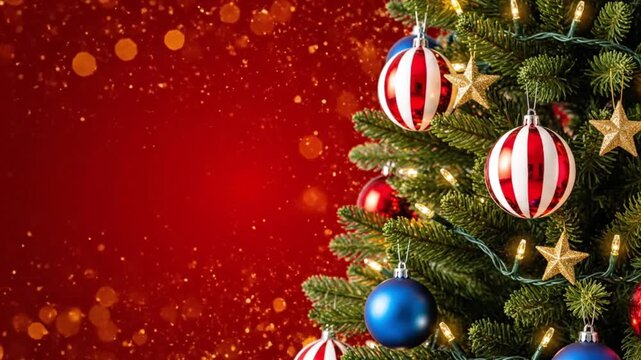 Red Christmas backdrop with a decorated pine branch on the side as a perfect seasonal holiday video card