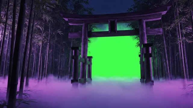 Traditional Japanese torii gate with green screen chroma key portal inside dark misty bamboo forest at night with neon purple fog