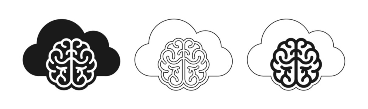 Brain cloud icon set linear solid and outline styles representing artificial intelligence and cognitive computing concepts