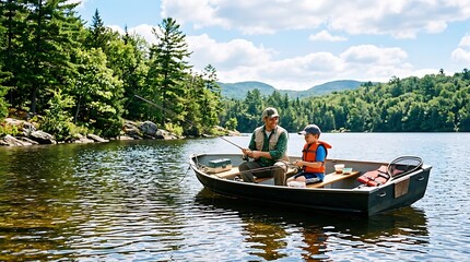 Obraz premium Father and Son Fishing Together from a Boat on a Scenic Lake