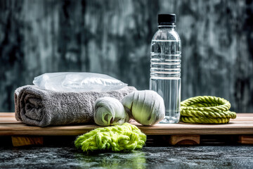 Obraz premium Fitness and Wellness Essentials With Towel, Water Bottle, Rope and Training Accessories