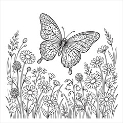 Fototapeta premium Black and White Outline of Clover Leaves and Grass Stems