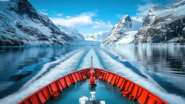 View from a boat's bow navigating through a glacial waterway. Snow capped mountains in the background