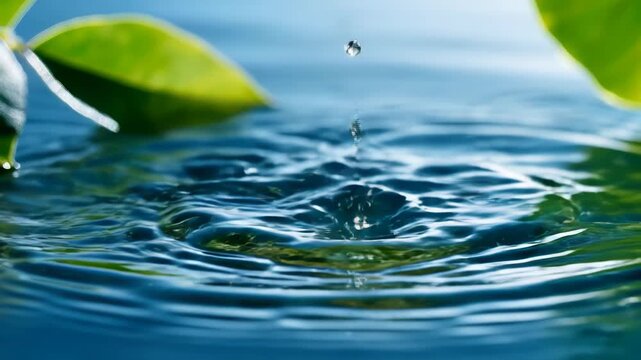 Water droplets falling onto a blue water surface creating ripples near green leaves