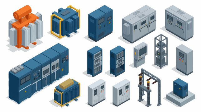 Collection of industrial electronic equipment and machinery isometric illustrations.