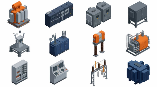 Collection of isometric industrial equipment and machinery icons.