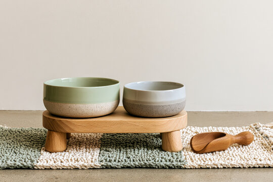 Modern Pet Feeding Station With Ceramic Bowls, Wooden Stand and Grooming Brush
