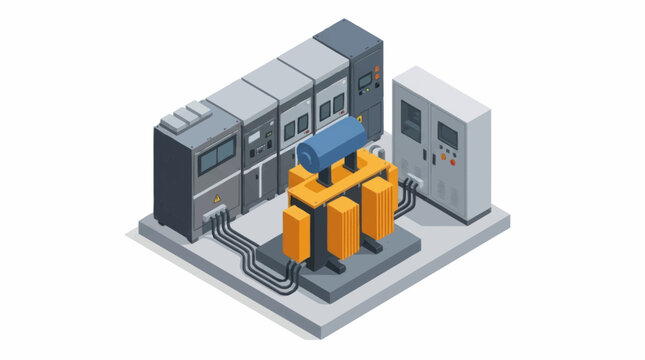 Industrial electrical transformer and server racks in a data center isometric view.