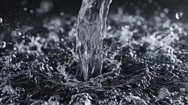 High speed shot of clear water splashing into a dark surface, creating a dynamic crown shape and ripples.